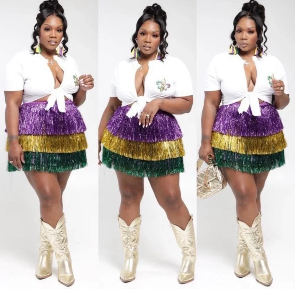 Mardi Gras Colorful Layered Fringe Skirt, One Size